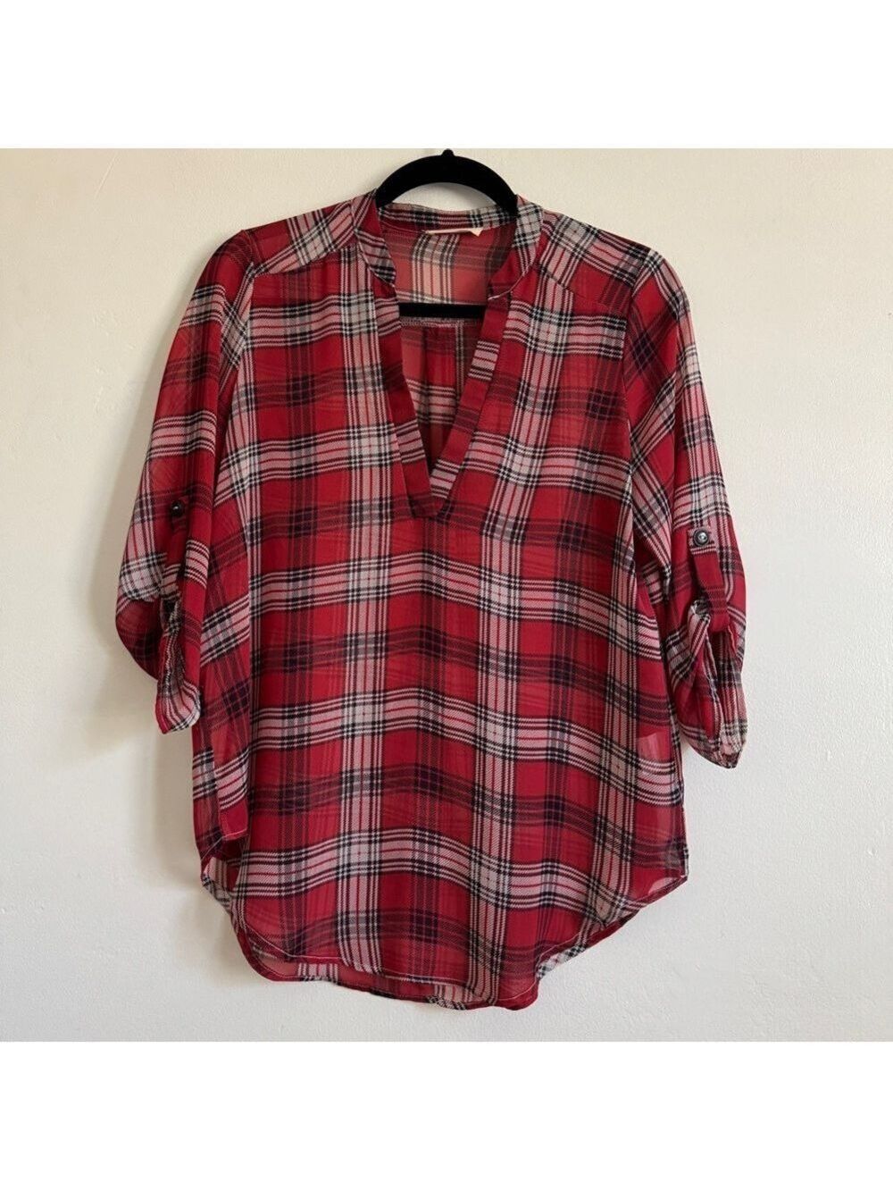 Lush Red Plaid Women's Blouse, 3/4 Sleeve, Size S